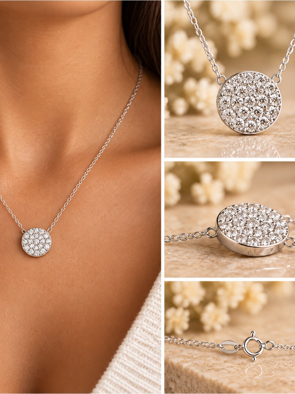Sterling Silver CZ Atone Disk Design Necklace
